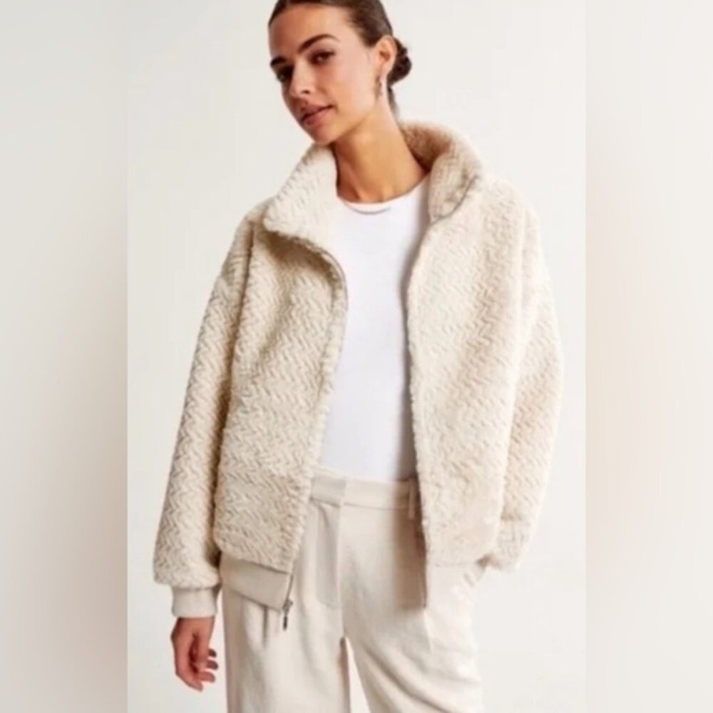 Abercrombie & Fitch Cream Textured Chevron Faux Fur Teddy Bomber Jacket - Cream
